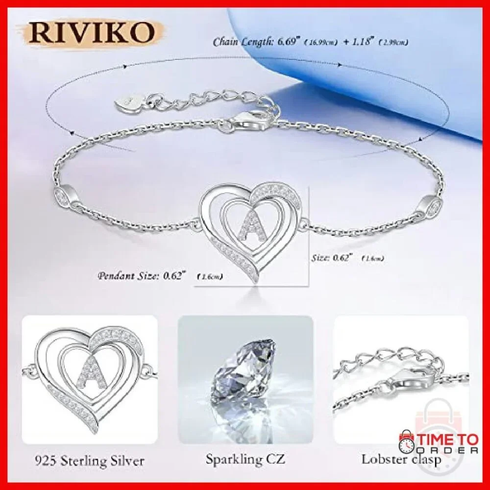 Sterling Silver Heart Initial Bracelet Personalized Charm Jewelry Gift
